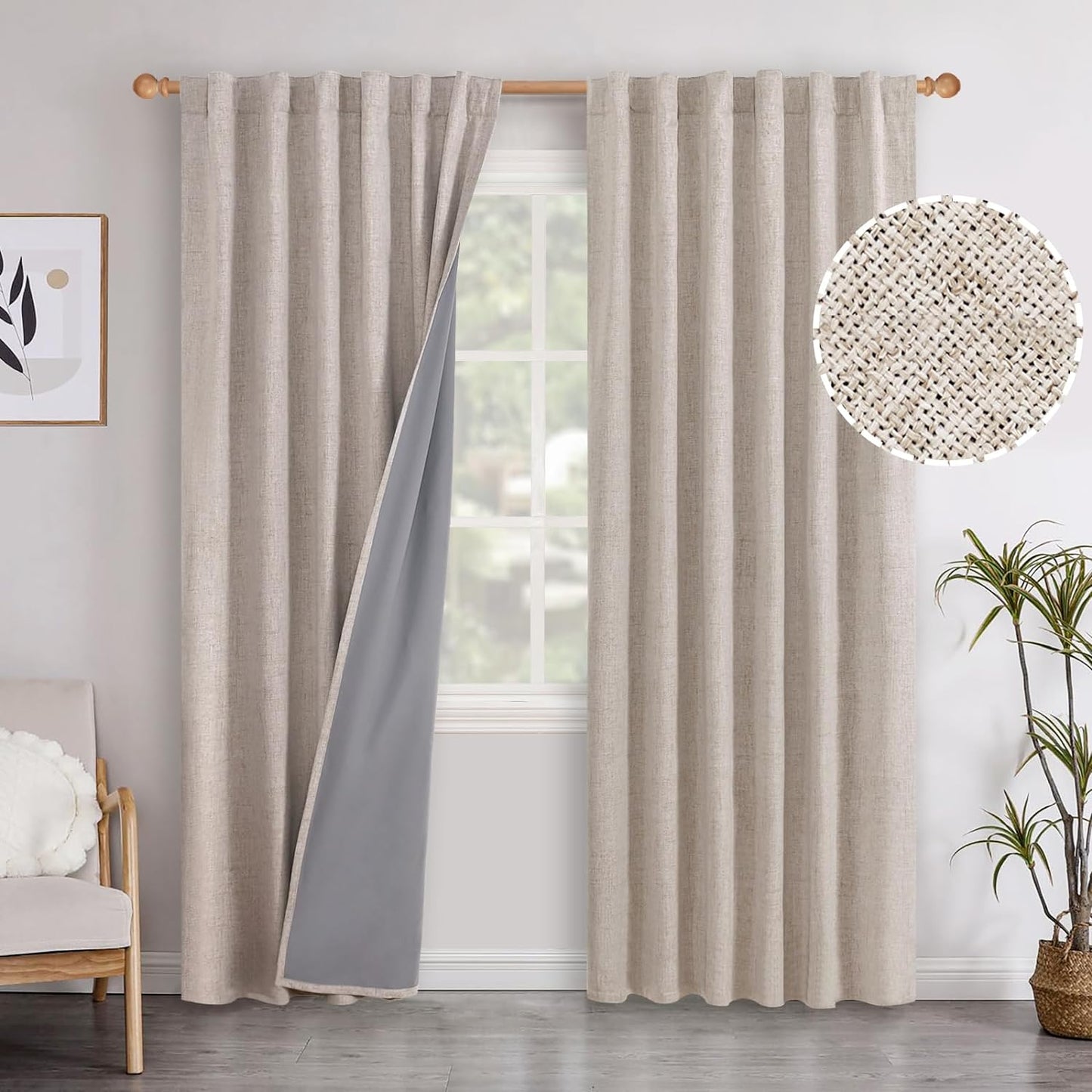 Youngstex Linen Blackout Curtains 63 Inch Length, Grommet Darkening Bedroom Curtains Burlap Linen Window Drapes Thermal Insulated for Basement Summer Heat, 2 Panels, 52 X 63 Inch, Beige  YoungsTex Back Tab/Beige 52W X 84L 