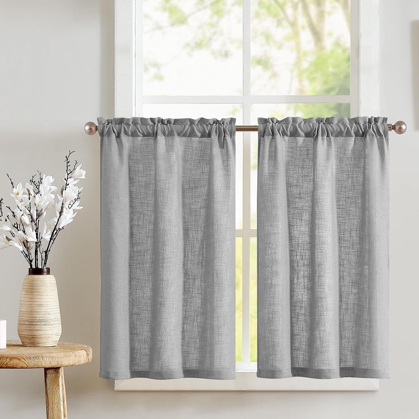 Jinchan Linen Kitchen Curtains Striped Tier Curtains Ticking Stripe Curtains Pinstripe Cafe Curtains 24 Inch Length for Living Room Bathroom Farmhouse Rustic Curtains Rod Pocket 2 Panels Tan  CKNY HOME FASHION Thick Linen Grey W26 X L24 
