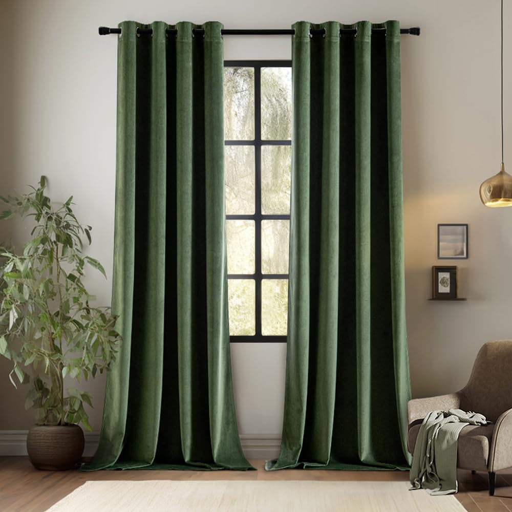 EMEMA Olive Green Velvet Curtains 84 Inch Length 2 Panels Set, Room Darkening Luxury Curtains, Grommet Thermal Insulated Drapes, Window Curtains for Living Room, W52 X L84, Olive Green  EMEMA Velvet/ Olive Green W52" X L96" 