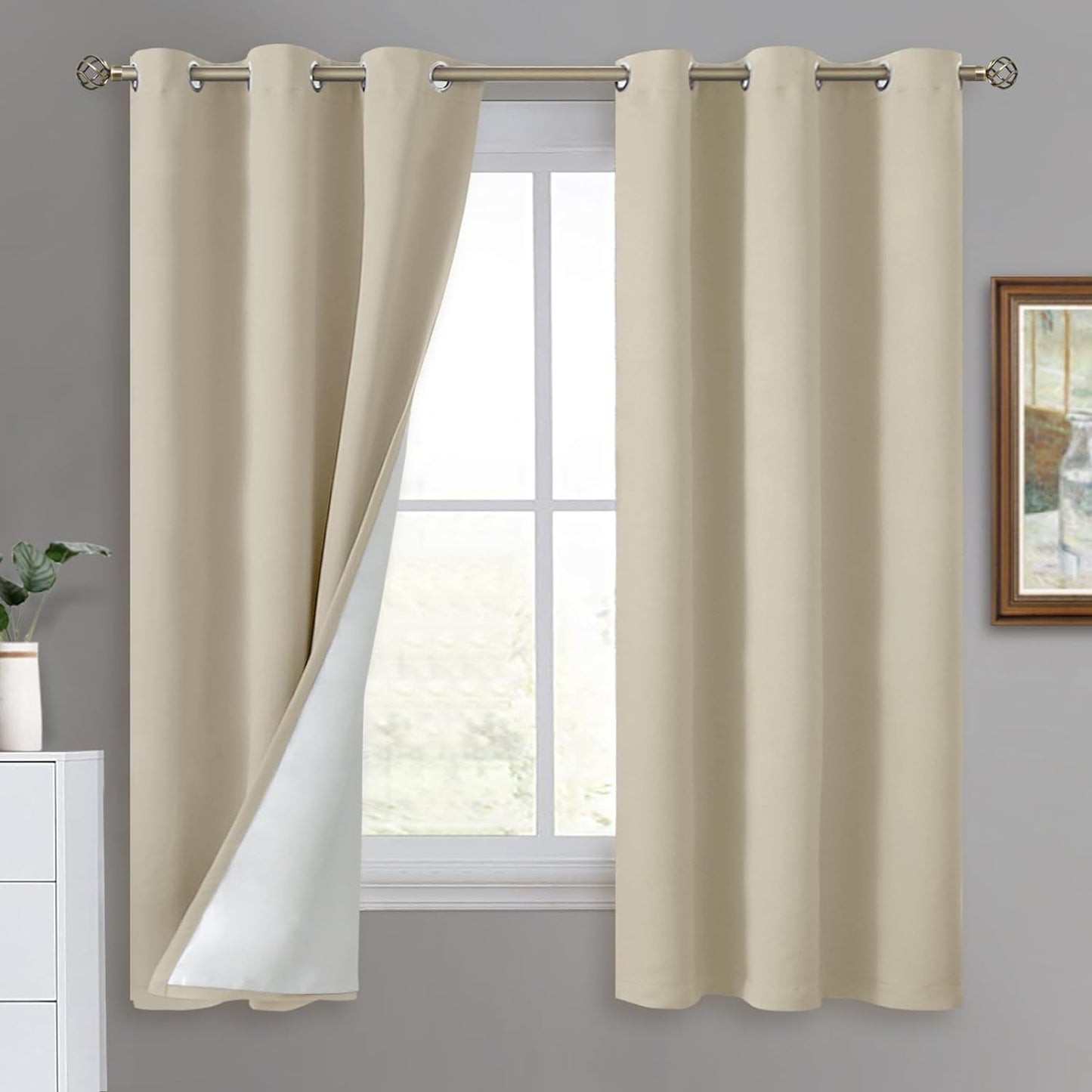 QUEMAS Short Blackout Curtains 54 Inch Length 2 Panels, 100% Light Blocking Thermal Insulated Soundproof Grommet Small Window Curtains for Bedroom Basement with Black Liner, Each 42 Inch Wide, White  QUEMAS Beige + White Lining W42 X L63 
