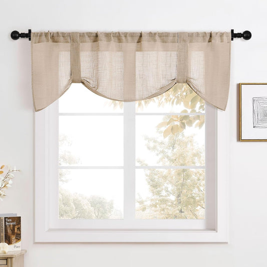 Home Queen Burlap Tie up Curtain Topper Valance for Cafe Window, Semi Sheer Fabric with Adjustable Magic Strap, Straight and Wave Available, 54" W X 20" L, Taupe