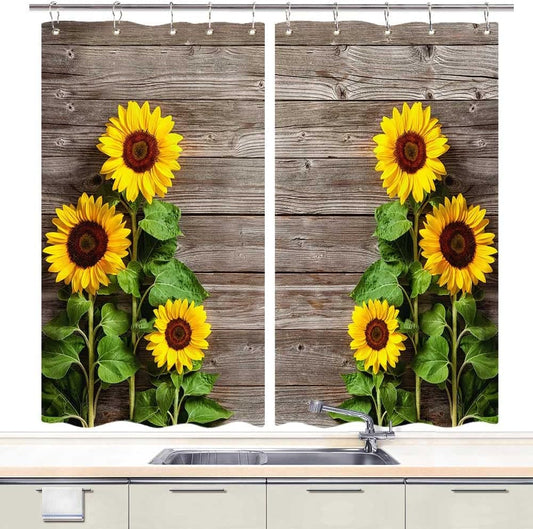 JAWO Sunflower Kitchen Curtains, Sunflower on Rustic Wooden Kitchen Window Curtains, Vinatge Country Wood Farmhouse Kitchen Curtains Panels, Kitchen Window Drapes Sets with Hooks, 55X39 Inch