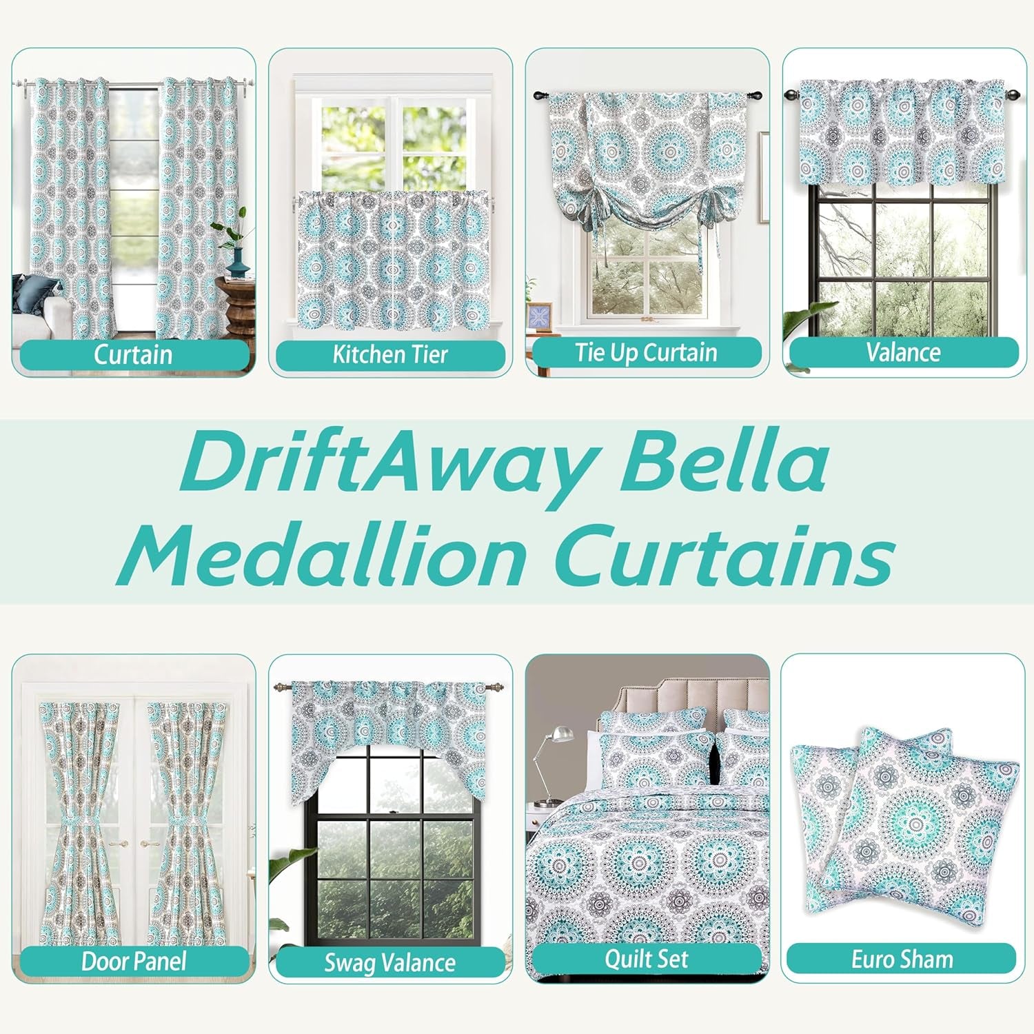 Driftaway Curtains for Bedroom Room Darkening Curtain 25 Inch by 72 Inch Medallion Drapes for French Door Windows Boho Damask Pattern Sidelight Curtain for Front Door Single Panel Aqua and Gray  DriftAway   