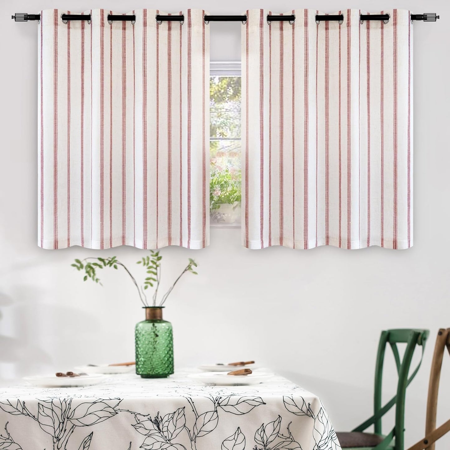 Driftaway Farmhouse Linen Blend Blackout Curtains 84 Inches Long for Bedroom Vertical Striped Printed Linen Curtains Thermal Insulated Grommet Lined Treatments for Living Room 2 Panels W52 X L84 Grey  DriftAway Red 52"X36" 