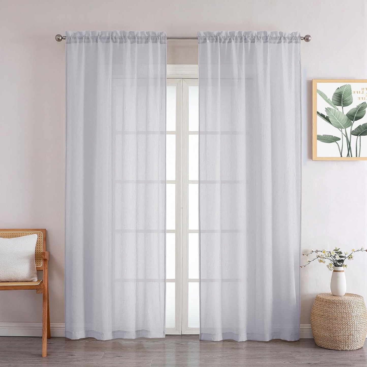 Chyhomenyc Crushed White Sheer Valances for Window 14 Inch Length 2 PCS, Crinkle Voile Short Kitchen Curtains with Dual Rod Pockets，Gauzy Bedroom Curtain Valance，Each 42Wx14L Inches  Chyhomenyc Light Grey 42 W X 72 L 
