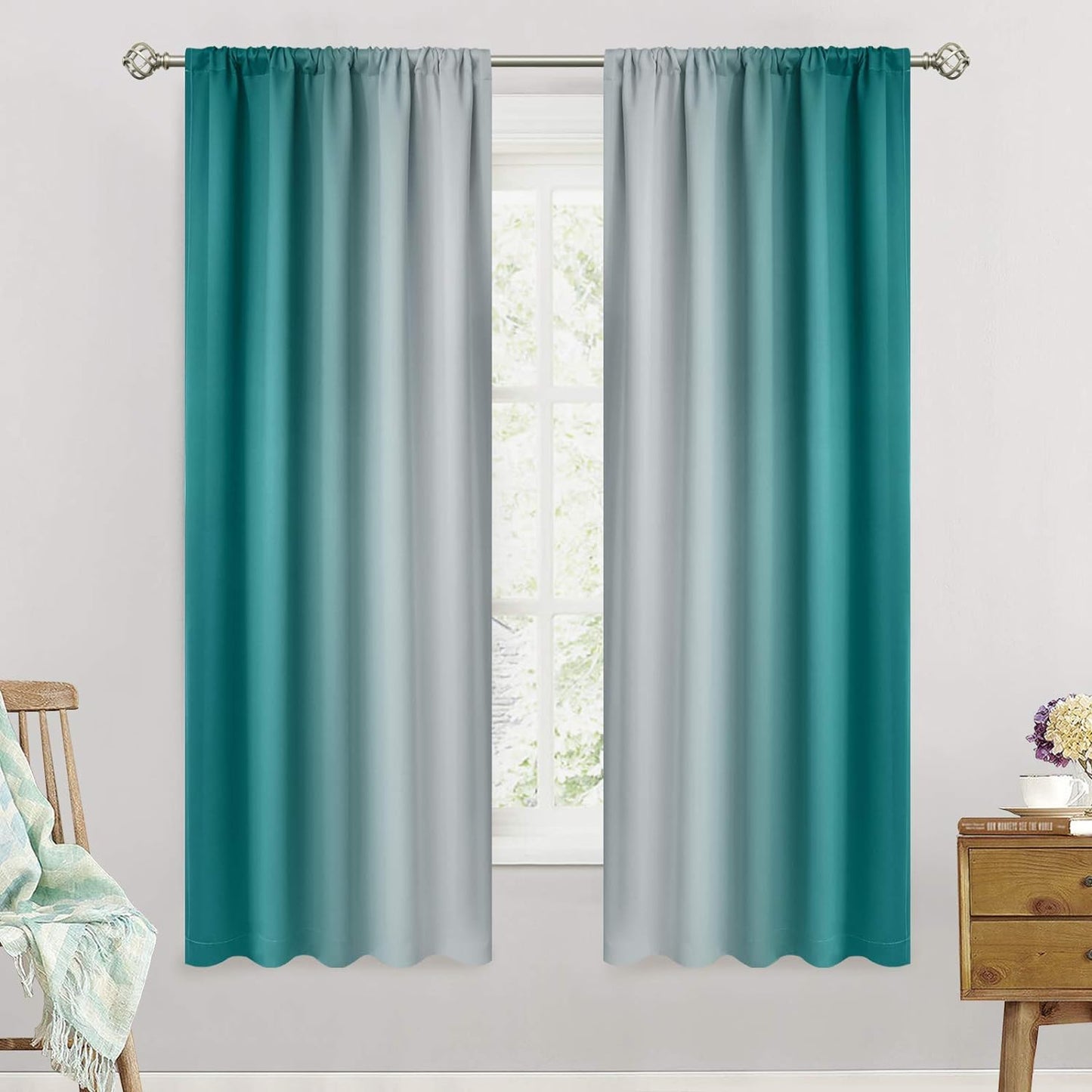Simplehome Ombre Room Darkening Curtains for Bedroom, Light Blocking Gradient Purple to Greyish White Thermal Insulated Rod Pocket Window Curtains Drapes for Living Room,2 Panels, 52X84 Inches Length  SimpleHome Teal 52W X 63L / 2 Panels 