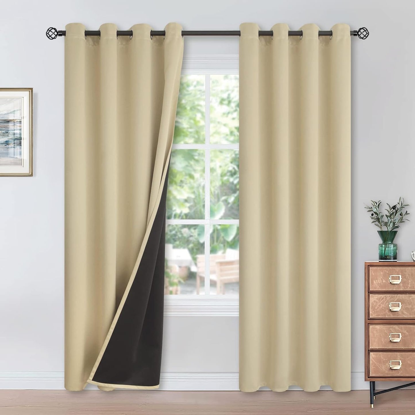 Youngstex Black 100% Blackout Curtains 63 Inches for Bedroom Thermal Insulated Total Room Darkening Curtains for Living Room Window with Black Back Grommet, 2 Panels, 42 X 63 Inch  YoungsTex Beige 52W X 95L 
