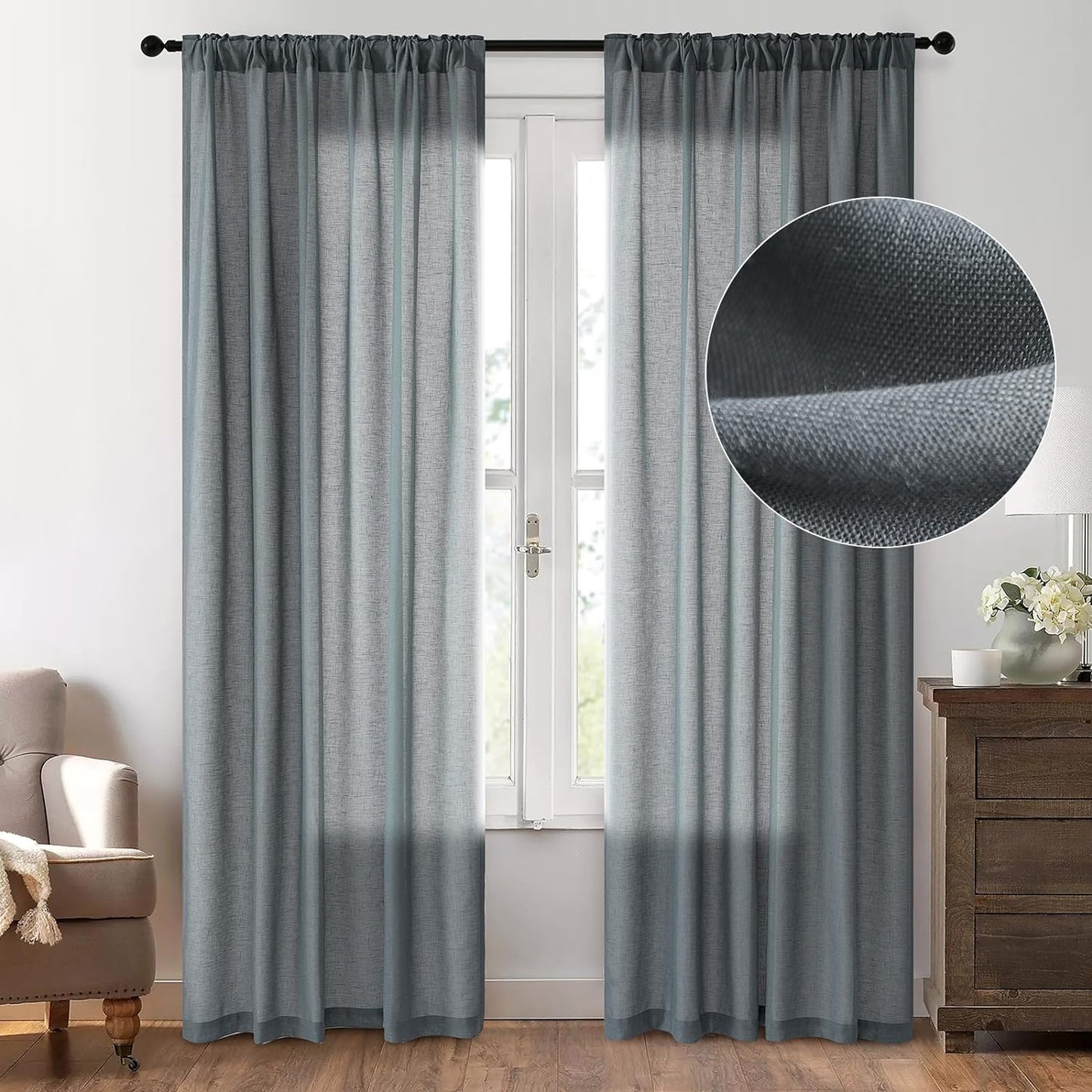 Dreaming Casa 102 Inch Long Curtains Semi Sheer Linen Curtain for Living Room Bedroom 2 Panels Pocket Floor Length Drapes with Back Tab, Natural, W52 X L102  Dreaming Casa Grey 2 X ( 52" W X 84 "L ) 