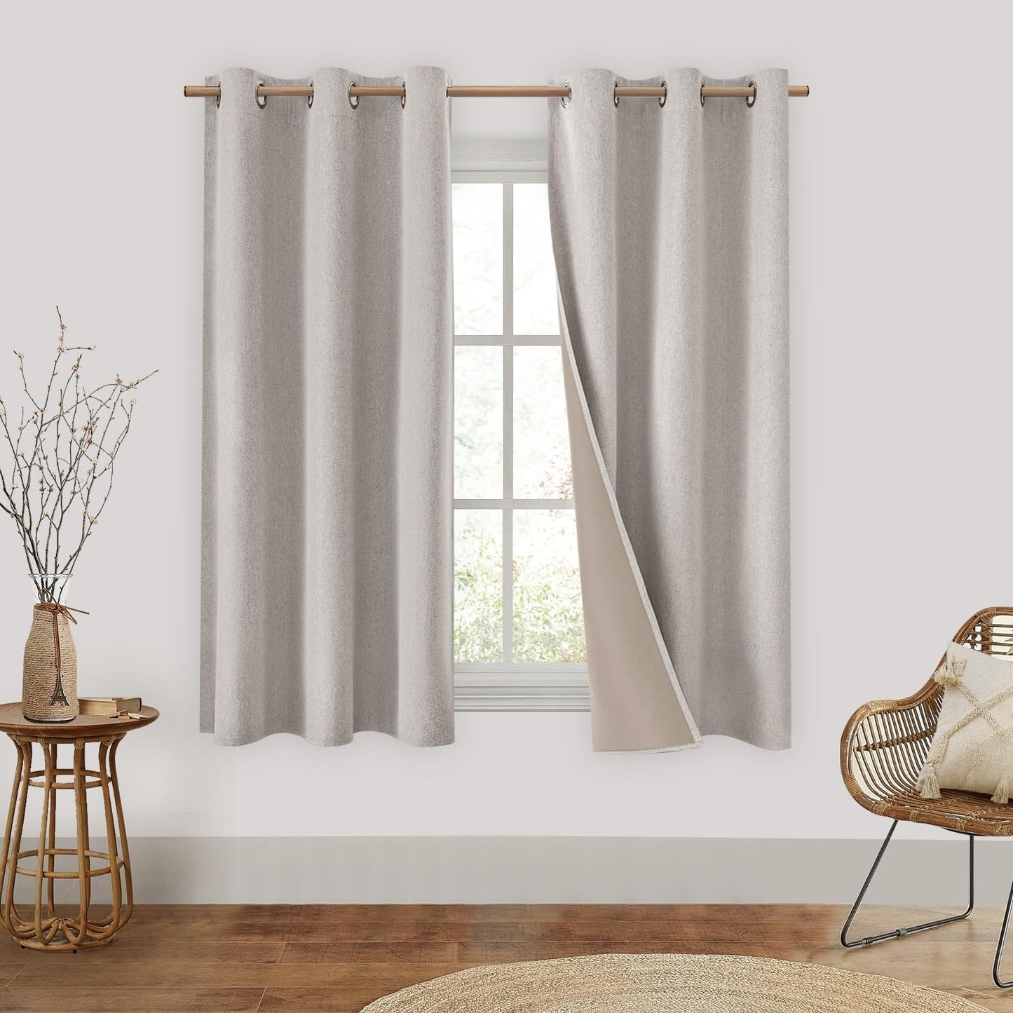 HOMEIDEAS 100% Blackout Linen Curtains for Bedroom 84 Inches Long 2 Panels Blush Pink Curtains Full Black Out Thermal Insulated Grommet Window Curtains/Drapes with Liner for Nursery  HOMEIDEAS Natural 42"W X 63"L 