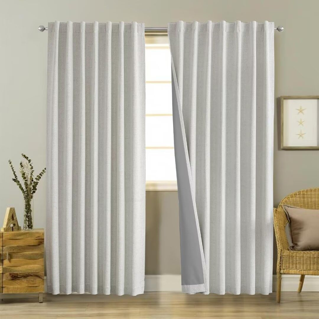 Joydeco 100% Black Out Curtains 96 Inch Long 1 Panels Burg Natural Blackout Linen Drapes for Bedroom Living Room Darkening Curtain Thermal Insulated Back Tab Rod Pocket(70X96 Inch,Black)  Joydeco White 52W X 96L Inch X 2 Panels 