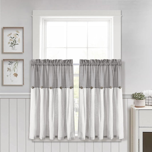 Lush Decor Linen Button Farmhouse Kitchen Tier Curtain Set, Pair, 29" W X 36" L, Gray & White