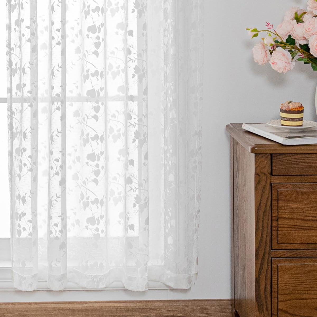 H.Ebony White Lace Sheer Curtains 84 Inch Length for Bedroom, Premium Leaf Floral Pattern Voile Sheer Lace Curtains for Living Room Set of 2 Panels, 52 X 84 Inch, 1 Pair, White  H.ebony   