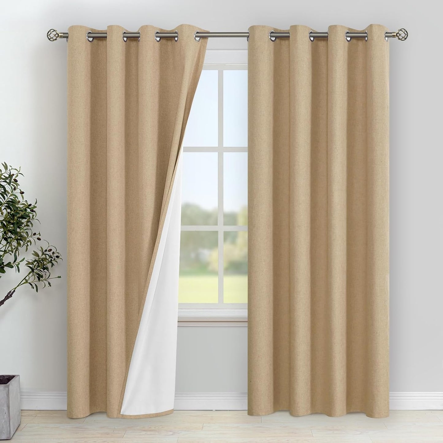 Youngstex Linen Blackout Curtains 63 Inches Long, Grommet Full Room Darkening Linen Window Drapes Thermal Insulated for Living Room Bedroom, 2 Panels, 52 X 63 Inch, Linen  YoungsTex Khaki 52W X 84L 