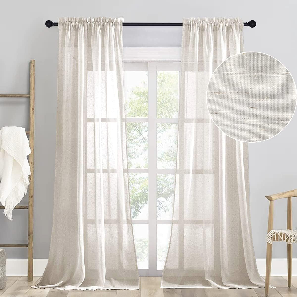 SOFJAGETQ Nature Linen Sheer Curtains 84 Inch, Linen Texture Fabric Drapes, Rod Pocket Light Filtering Window Treatment for Living Room, Bedroom, Farmhouse Rustic Semi Sheer Linen Curtains, 2 Panels  SOFJAGETQ Natural 52X96 