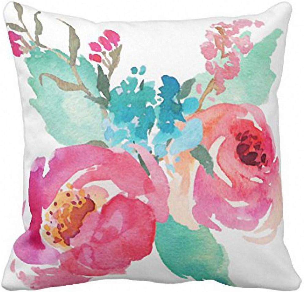 Emvency Throw Pillow Cover Watercolor Peonies Pink Turquoise Summer Bouquet Decorative Pillow Case Girly Home Decor Square 18 X 18 Inch Cushion Pillowcase