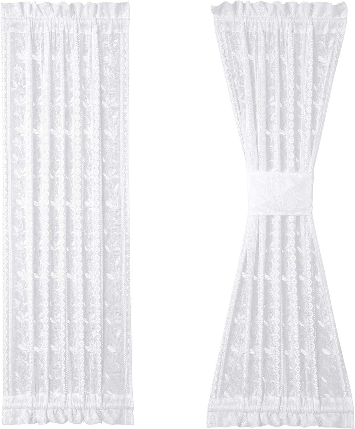 2 Pcs White Lace French Door Curtain Leaves Knitted Textured Voile Curtains 72 Inch Long Light Filtering Floral Sidelight Curtain Panel for Siding Glass Door Patio Front Door Tie-Backs Included  RLoncomix White 24" X 40" 2 Pcs 