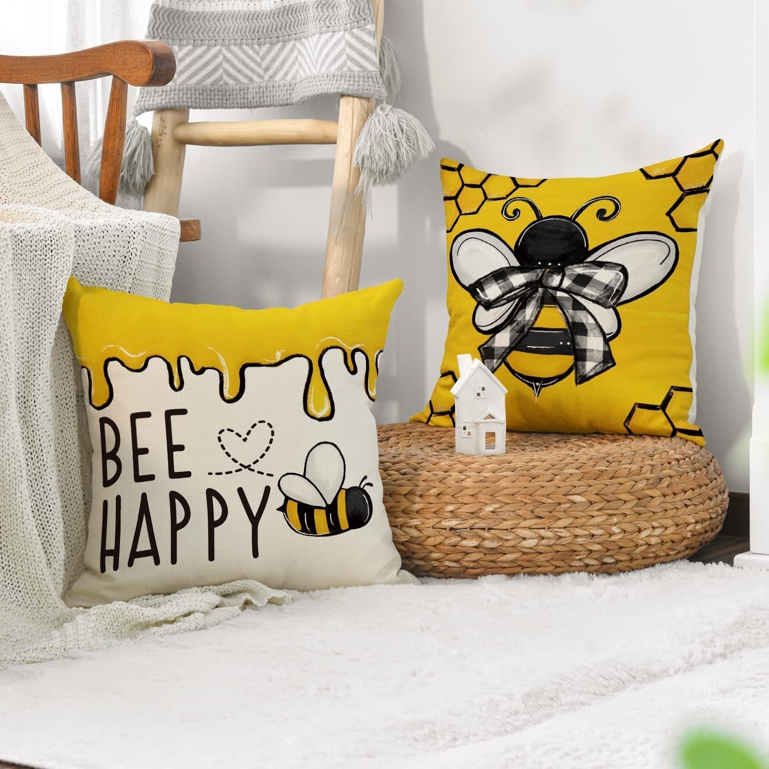 AVOIN Colorlife Bee Happy Bee Kind Throw Pillow Covers, 18 X 18 Inch Honey and Bee Summer Cushion Case Decoration for Sofa Couch Set of 4