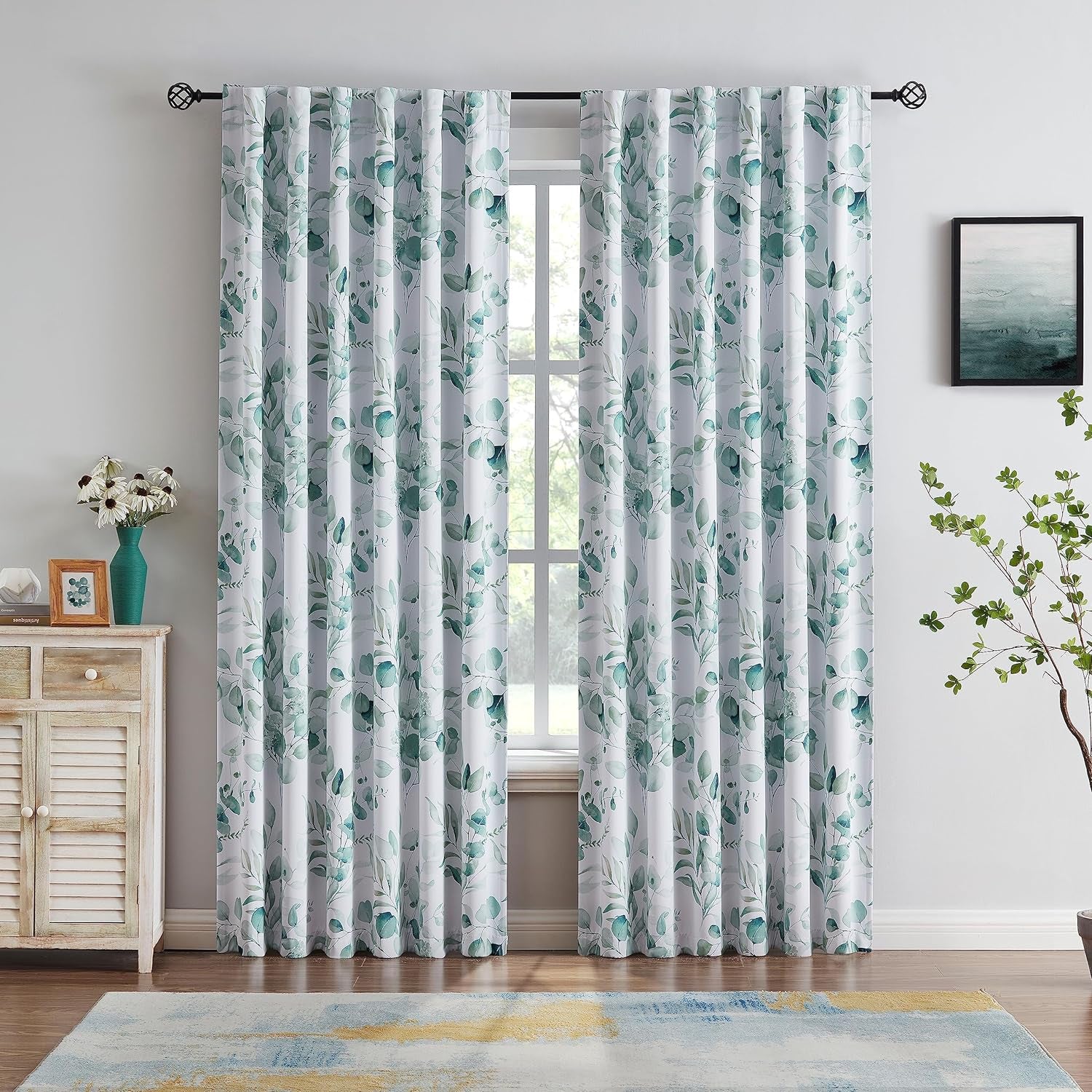Xwincel Botanical Print Full Blackout Curtain Panels, Thermal Insulated Sound Proofing Drapes for Bedroom Living Room Rod Pocket Window Treatment Sets with Black Liner 52" W X 63" L 2 Panels, Green  Xwincel   