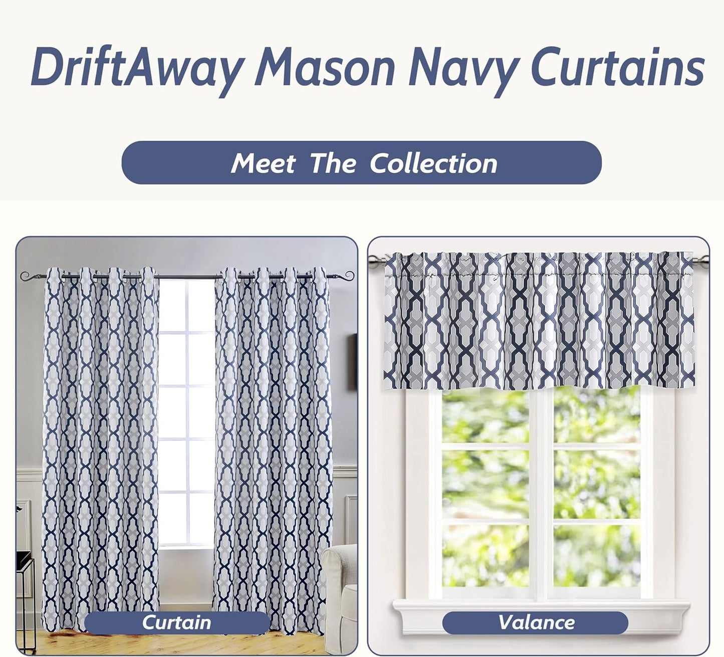 Driftaway Mason Geometric Trellis Pattern Window Curtain Valance Rod Pocket 52 Inch by 18 Inch plus 2 Inch Header Navy