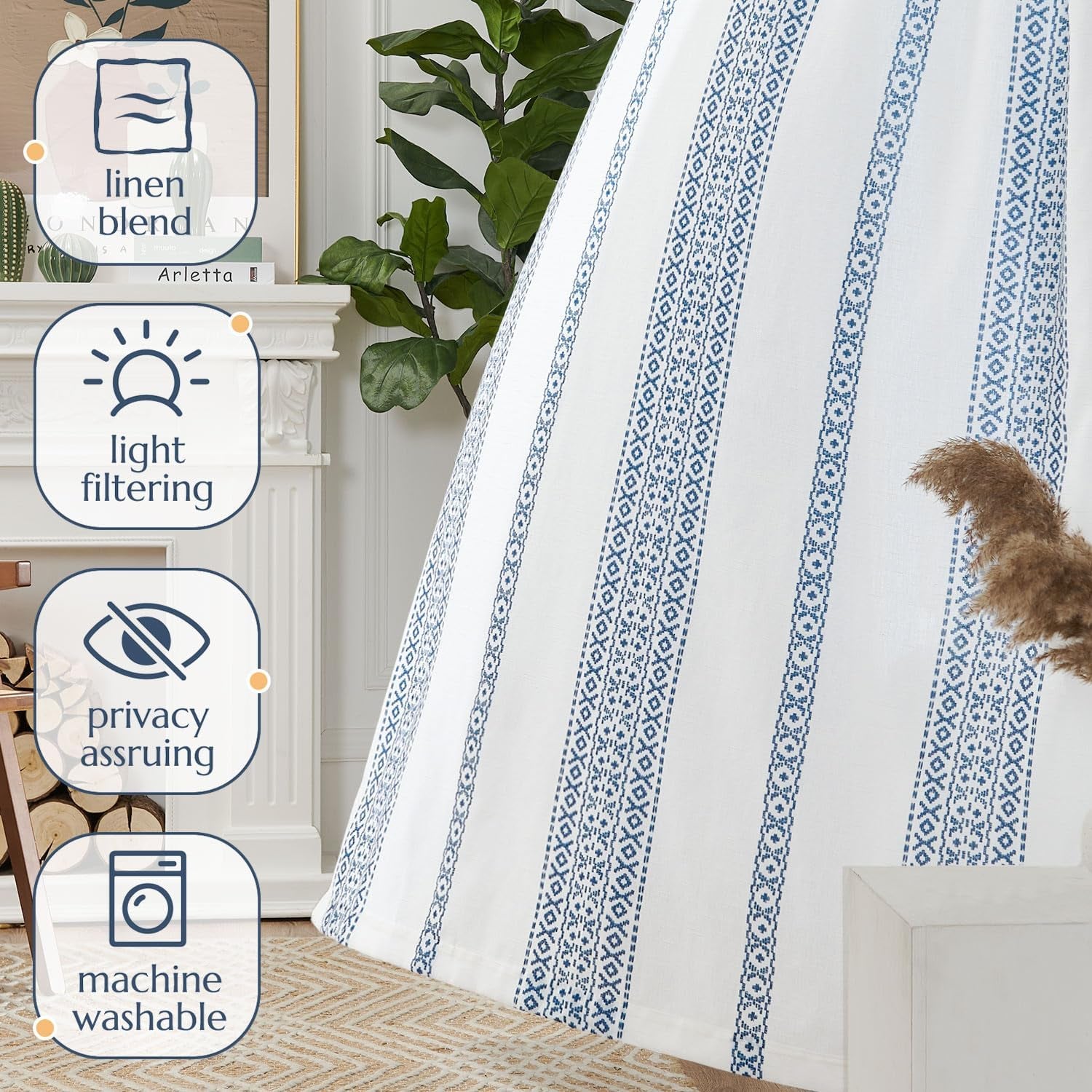 Jinchan Boho Linen Curtains 84 Inches Long Country Farmhouse Printed Living Room Bedroom Curtains Dark Blue on White Window Curtains Rod Pocket Back Tab Geometric Light Filtering Curtain Set 2 Panels  CKNY HOME FASHION   