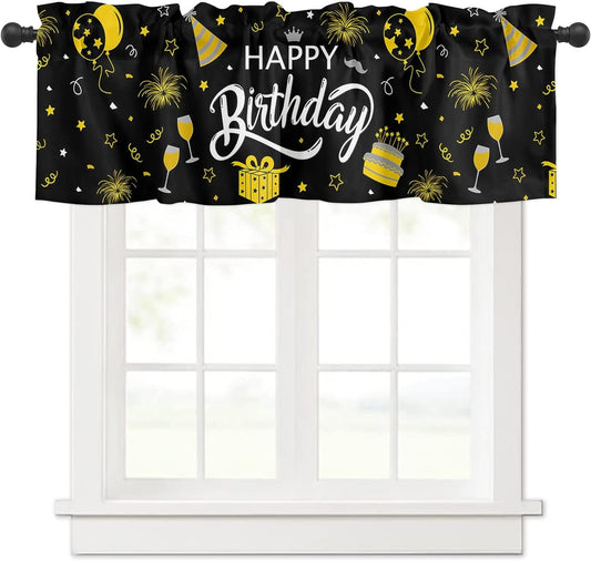 Curtain Valance, Happy Birthday Party Decor Cake Gift Star Gold Black Rod Pocket Valance Short Window Treatment Decor Curtains for Kitchen Bathroom Bedroom,1 Panel 54" X 18"