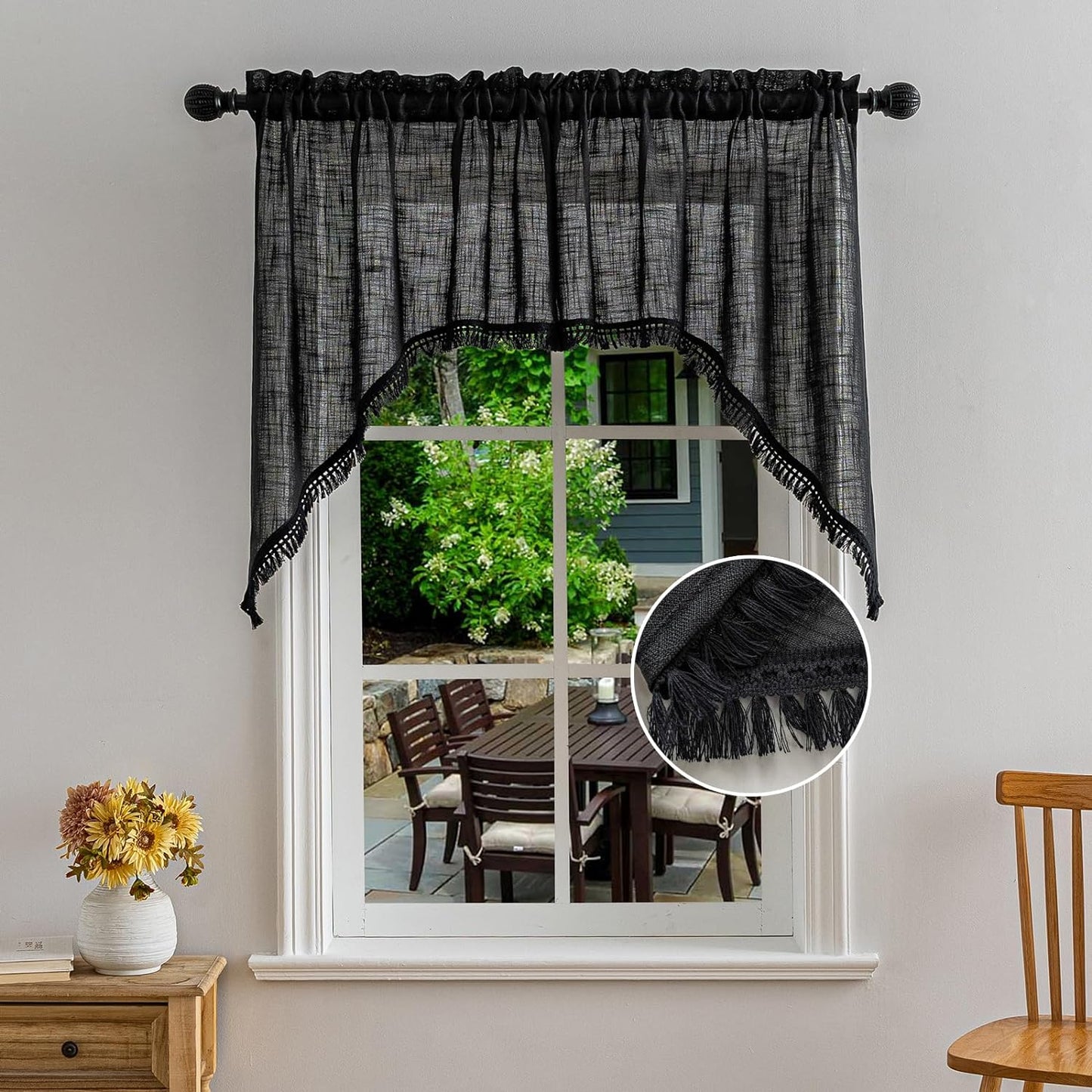 Beda Home Tassel Linen Textured Swag Curtain Valance for Farmhouses’ Kitchen; Light Filtering Rustic Short Swag Topper for Small Windows Bedroom Privacy Added Rod Pocket Design(Nature 36X63-2Pcs)  BD BEDA HOME Black 36Wx36L - 2 Panels 