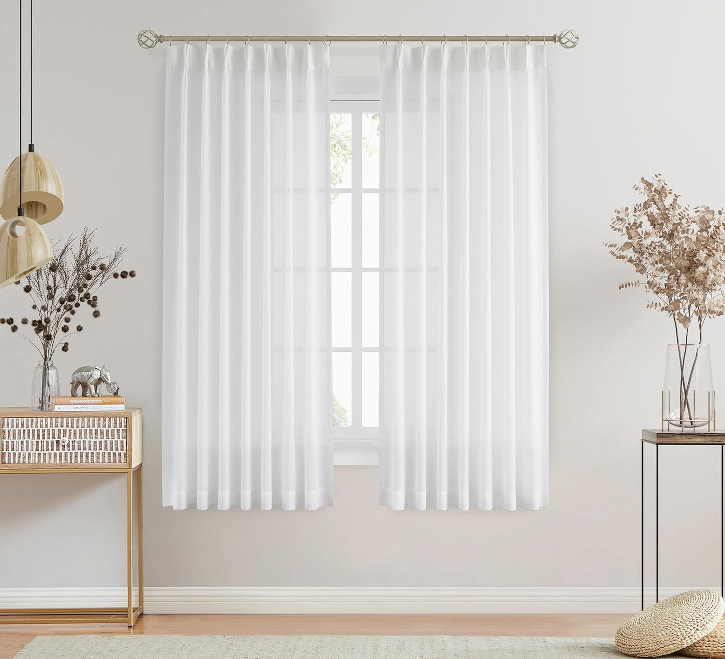 Central Park White Pinch Pleat Sheer Curtain 108 Inches Extra Long Textured Farmhouse Window Treatment Drapery Sets for Living Room Bedroom, 40"X108"X2  Central Park White/Pinch 40"X72"X2 