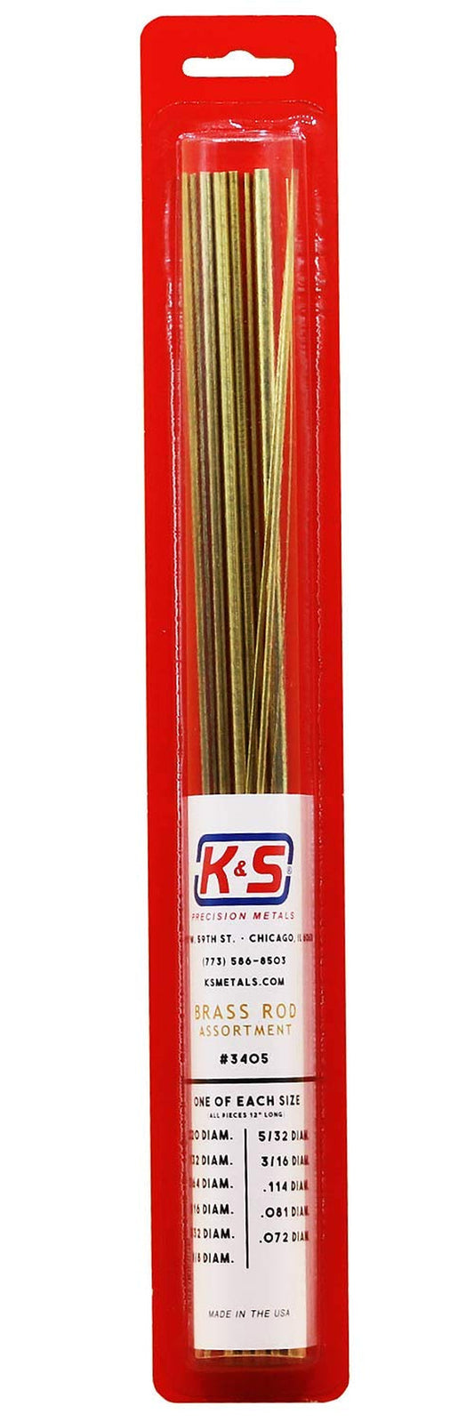 K&S 3405 round Brass Rod Assortment, 11 Pieces, Made in the USA