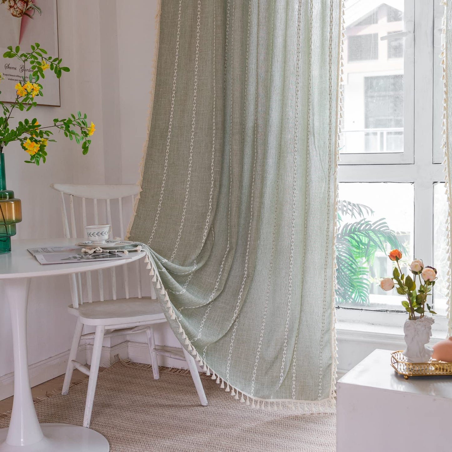 Linen Curtains 84 Inches Long Embroidery Striped Farmhouse Curtains for Living Room Tassel Boho Curtains for Bedroom Light Filtering Curtains 2 Panels Set Rod Pocket Drapes (52" W X 84" L,Khaki)  FMJFZZ Sage Green 84 Inch 