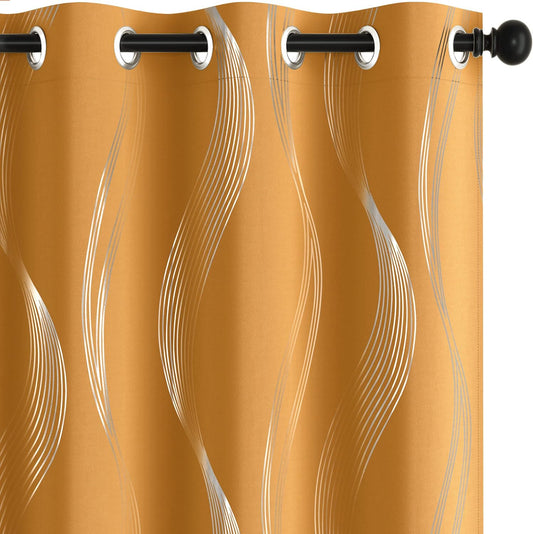 Deconovo Thermal Insulated Blackout Curtains, Room Darkening Foil Print Wave Window Drapes, Grommet Curtains for Bedroom, 42X90 Inch, Orange Flame, 2 Panels  Deconovo Grommet/Orange Flame 52X108 Inch 