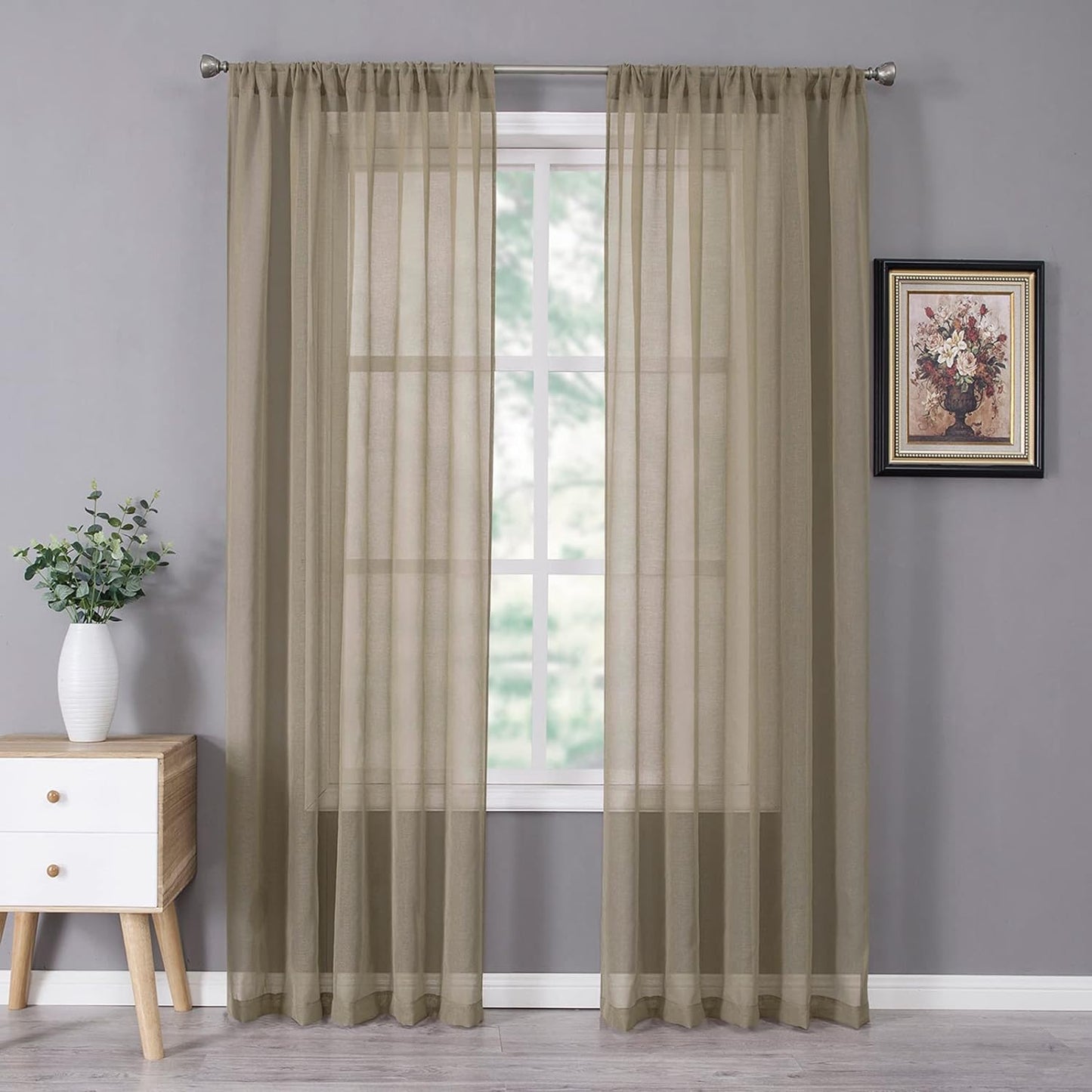 Tollpiz Short Sheer Curtains Linen Textured Bedroom Curtain Sheers Light Filtering Rod Pocket Voile Curtains for Living Room, 54 X 45 Inches Long, White, Set of 2 Panels  Tollpiz Tex Taos Taupe 54"W X 84"L 