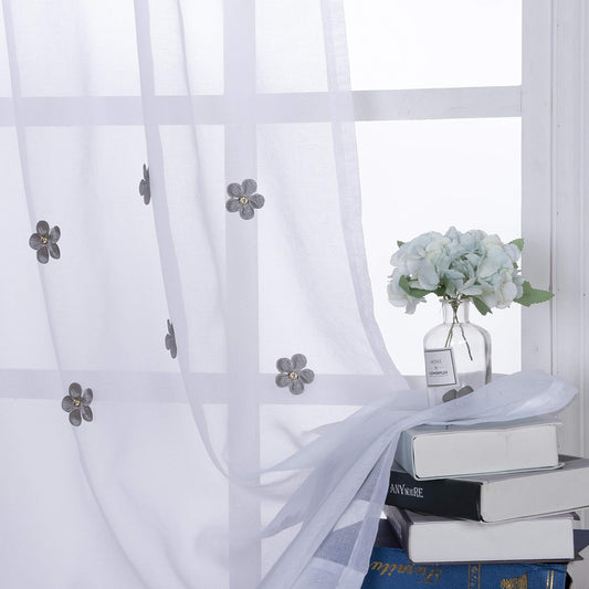 BONZER Sheer Floral Curtains for Nursery Room Linen Look Handmade Flower Pins Rod Pocket Window Voile for Kids Bedroom, Grey, 52 X 84 Inch,Set of 2 Panels  BONZER Grey 52 X 84 Inch 