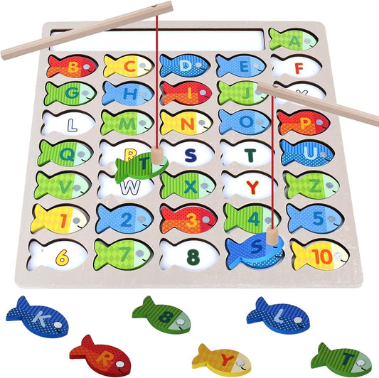 AMOR PRESENT Wooden Magnetic Fishing Game Toy for Toddlers, Alphabet Fish Catching Counting Games Puzzle Montessori Toys for Fine Motor Skills