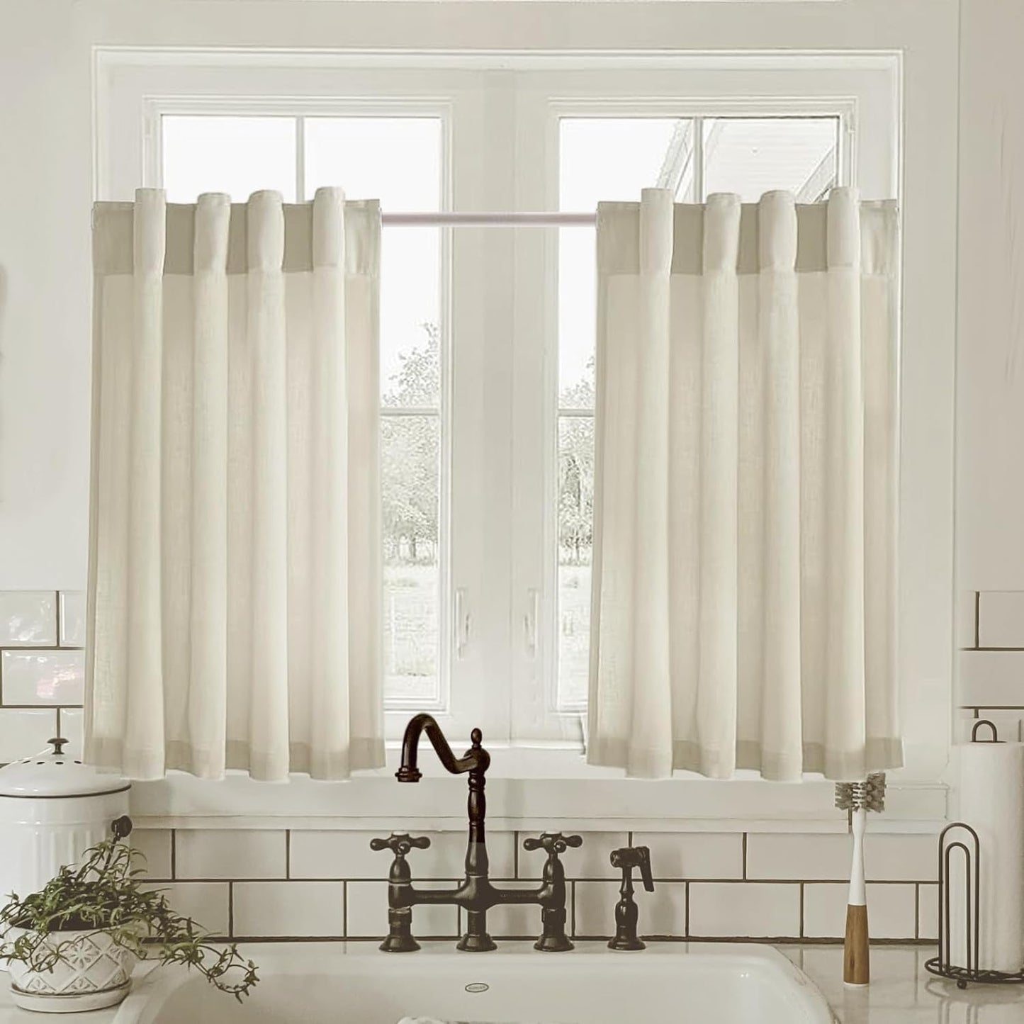 Farmhouse Kitchen Window Curtains over Sink 36 Inch Length Cafe Curtain 2 Panel Set Neutral Small Window Treatment Tiers Sheer Curtains for Basement Camper 26Wx36L Nature