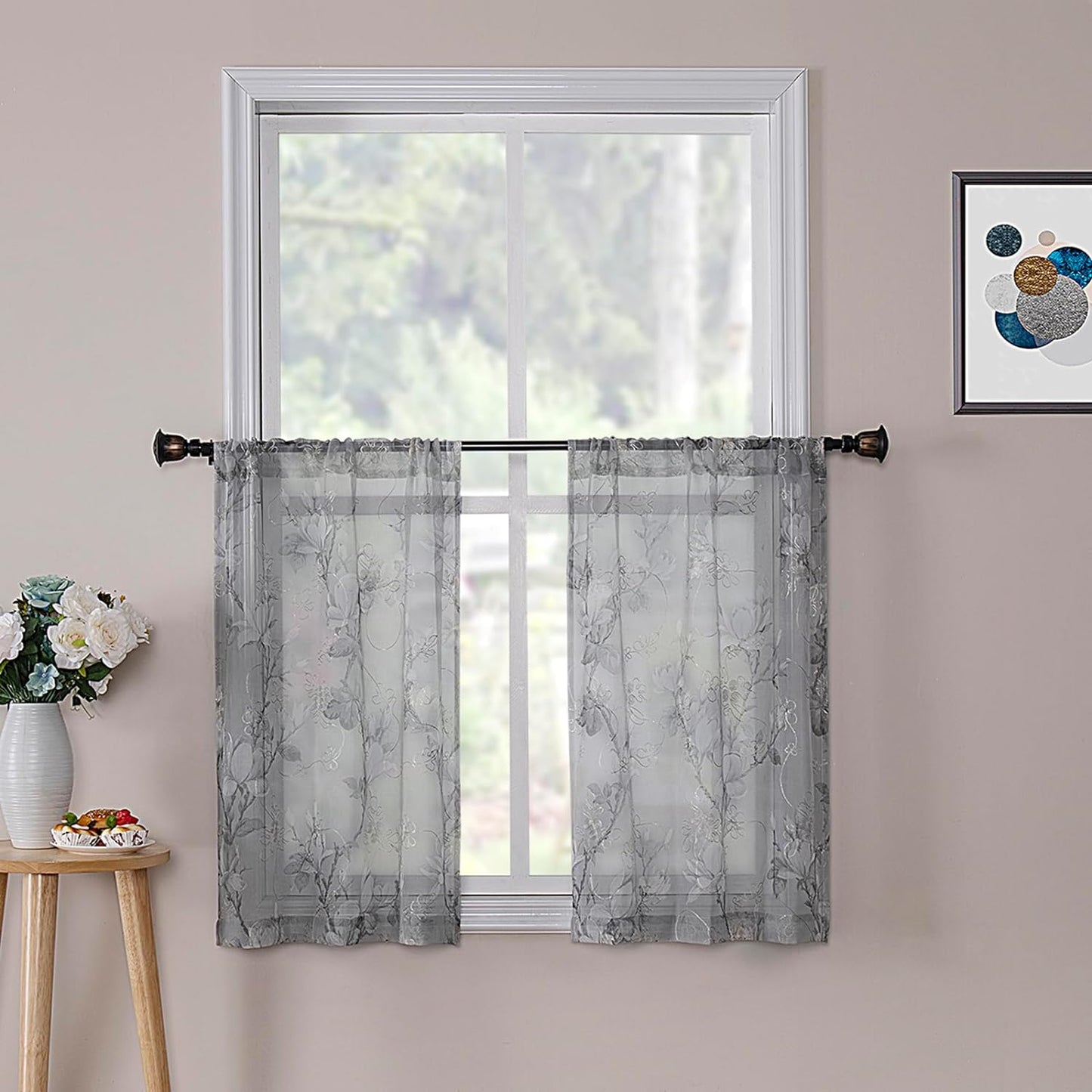 Tollpiz Floral White Sheer Curtain Flower Print Vine Embroidery Bedroom Curtains Rod Pocket Voile Window Curtain for Living Room, 54 X 84 Inches Long, Set of 2 Panels  Tollpiz Tex Grey 30"W X 24"L 
