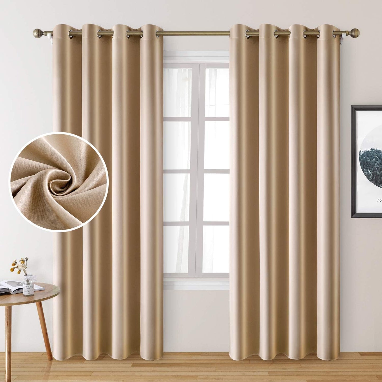 HOMEIDEAS Gold Blackout Curtains, Faux Silk for Bedroom 52 X 84 Inch Room Darkening Satin Thermal Insulated Drapes for Window, Indoor, Living Room, 2 Panels  HOMEIDEAS Beige/Champagne Gold 52" X 84" 
