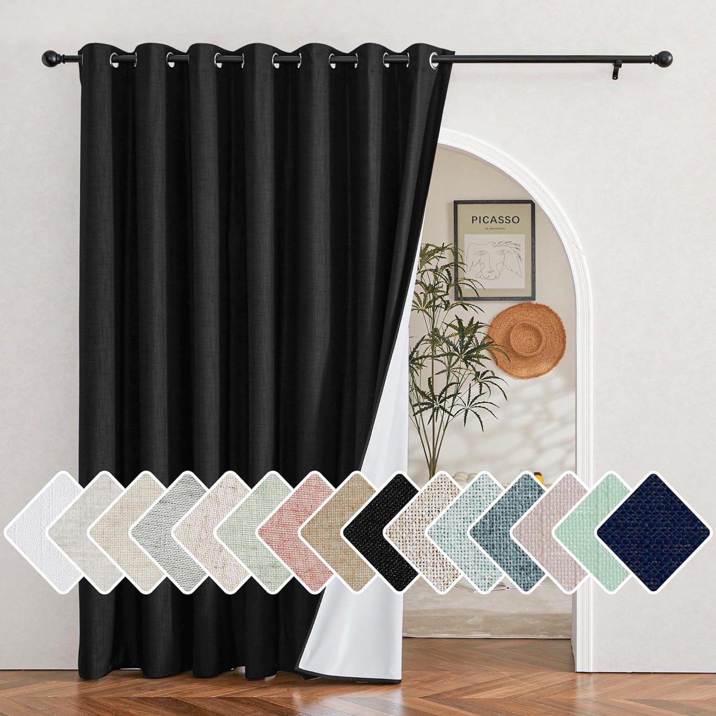NICETOWN White 100% Blackout Linen Insulated Patio Curtain 84 Inch Long Burg, Farmhouse Thick Completely Blackout Window Treatment Thermal Drape for Living Room (1 Panel, 100" Width)  NICETOWN Black W100 X L84 