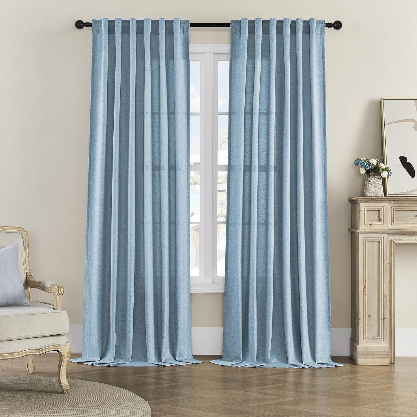 Linen Sheer Window Curtains, Rod Pocket & Back Tab Modern Semi Sheer Panels Privacy with Light Filter Linen Drapes for Sliding Glass Door/Living Room, W60 X L84, 2 Pieces  DONREN Dusty Blue 50X120 