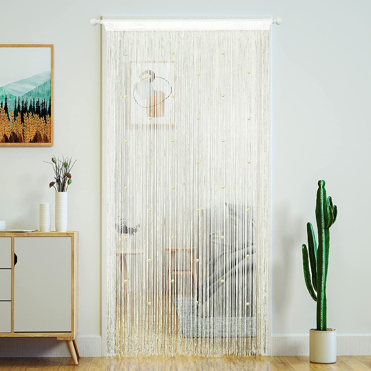 Yaoyue Beaded Curtain Door String Curtains for Doorway Tassels Beads Hanging Fringe Hippie Room Divider Window Hallway Entrance Wall Closet Bedroom Privacy Decor (39×79In/100×200Cm, Light Coffee)  YaoYue Beige 100×200Cm 