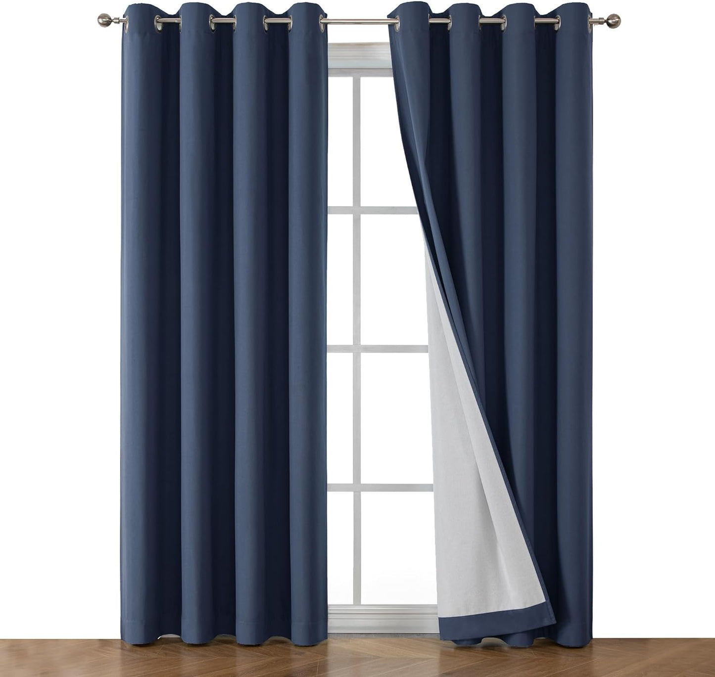OWENIE Maya 100% Blackout Curtains 84 Inch Length 2 Panels Set, Greyish White Solid Heavy Thermal Insulated Grommets Curtains for Bedroom & Living Room, 2 Panels (Each 52 W X 84 L,Greyish White)  OWENIE Navy Blue 52W X 96L 