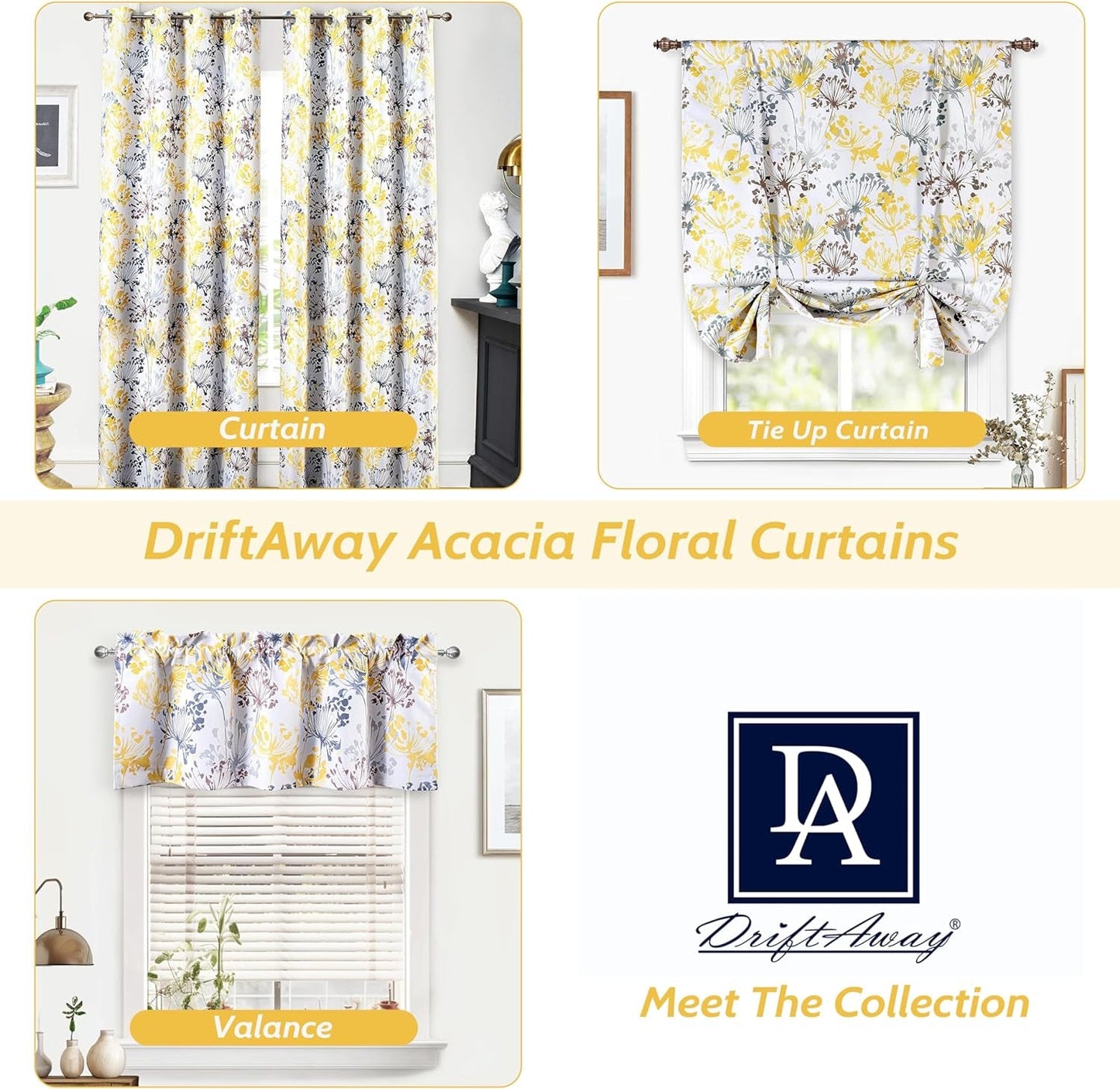 Driftaway Acacia Floral Blossom Watercolor Printed 100 Percent Blackout Thermal Insulated Window Curtain Valance Rod Pocket Single 52 Inch by 18 Inch plus 2 Inch Header Yellow