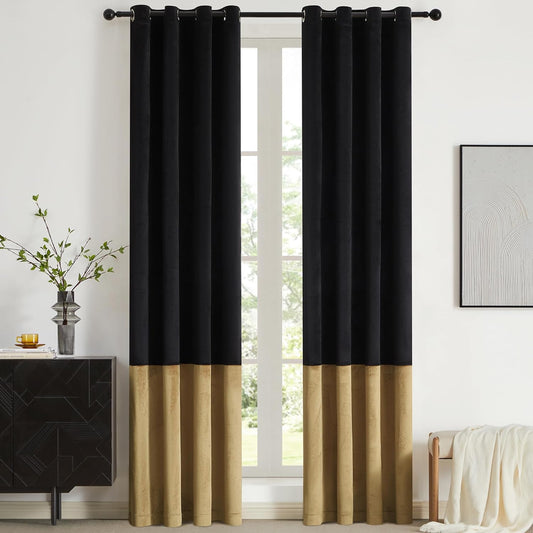 BULBUL Black Gold Color Block Window Curtains Panels 84 Inches Long Velvet Farmhouse Drapes for Bedroom Living Room Darkening Treatment with Grommet Set of Black Gold  BULBUL Black  Gold 52"W X 84"L 