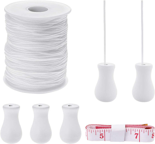 AHANDMAKER 100 Yards 1.5Mm White Nylon Braided Lift Shade Cord, Roll Blind Replacement String with 5Pcs Wood Pendant, Blinds Cord String Kit for Window Blinds Roman Shade Repair, Gardening Plant Craft