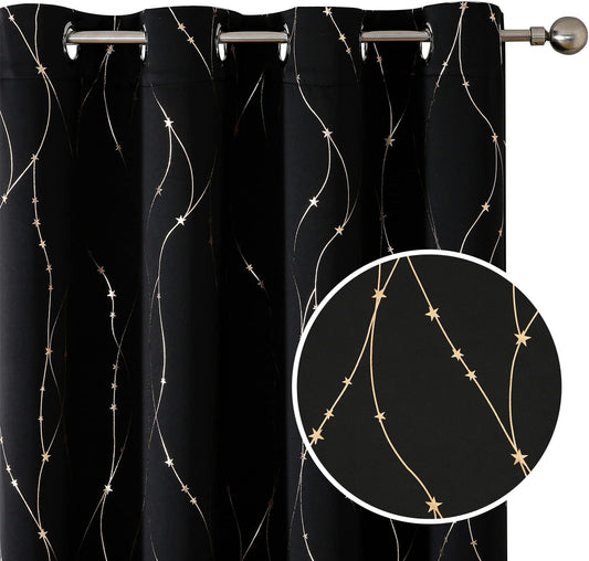 SMILE WEAVER Black Blackout Curtains for Bedroom 72 Inch Long 2 Panels,Room Darkening Curtain with Gold Print Design Noise Reducing Thermal Insulated Window Treatment Drapes for Living Room  SMILE WEAVER Black Gold 52Wx63L 