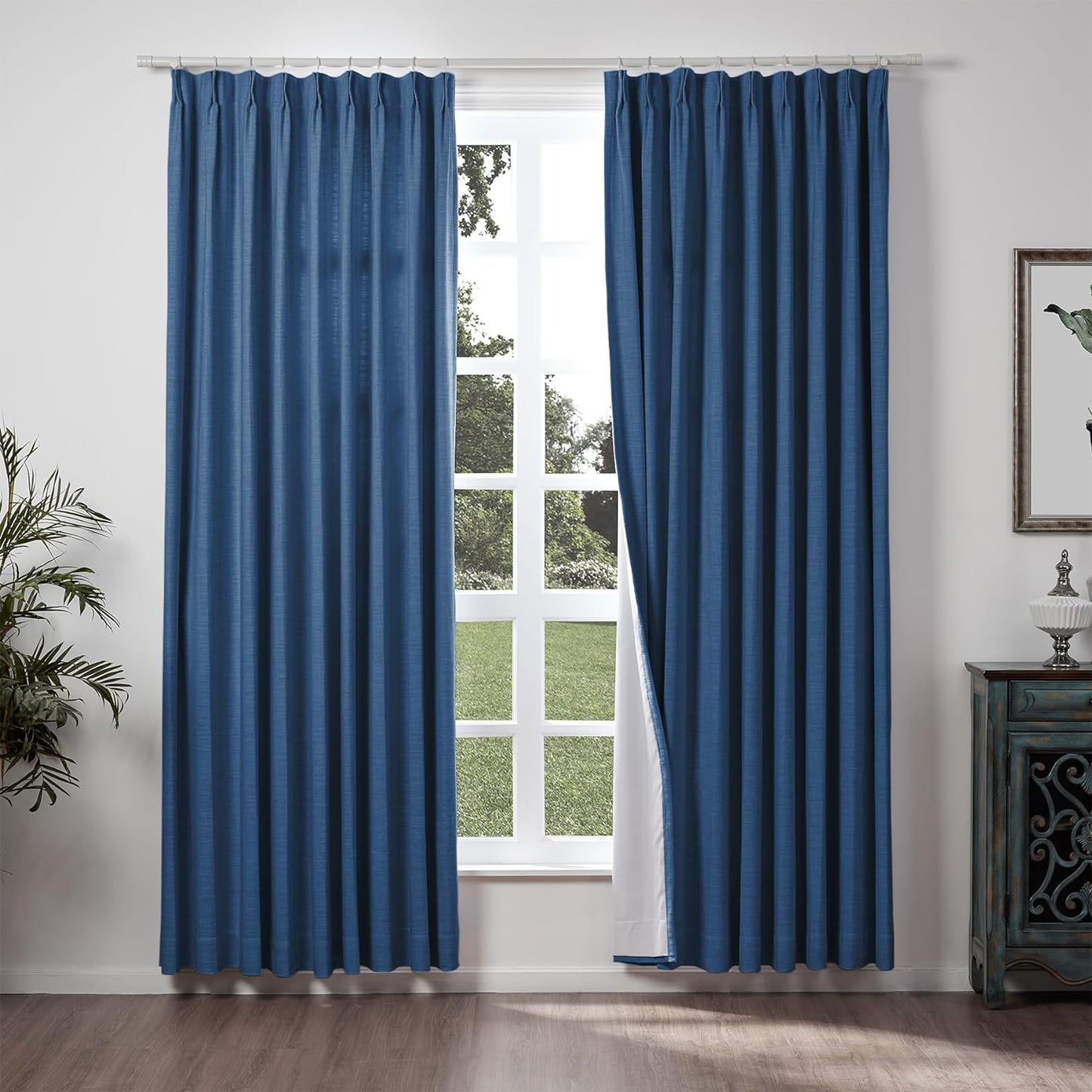 Chadmade 50" W X 63" L Polyester Linen Drape with Blackout Lining Pinch Pleat Curtain for Sliding Door Patio Door Living Room Bedroom, (1 Panel) Sand Beige Tallis Collection  ChadMade Navy Blue (36) 100Wx84L 