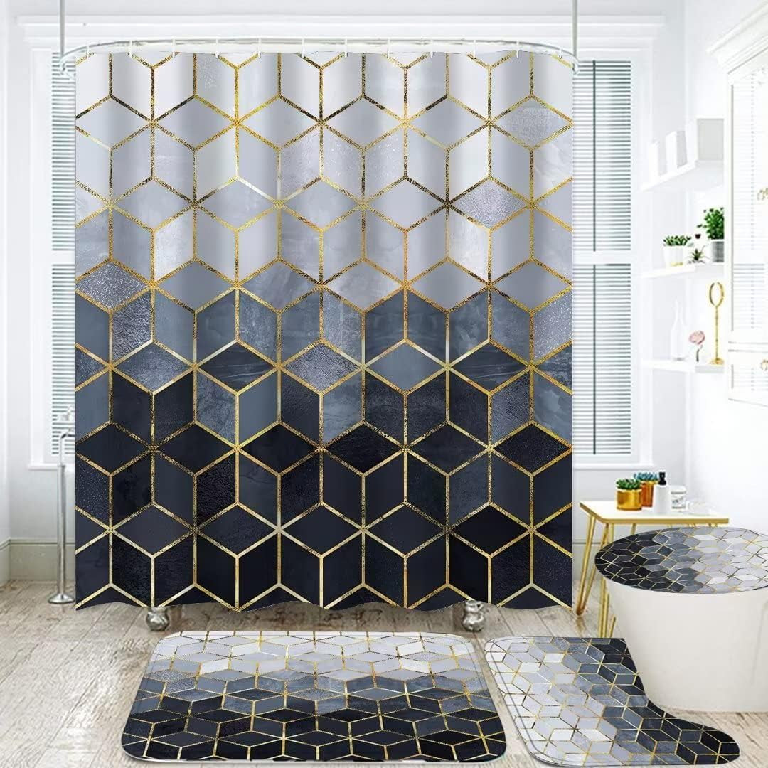 4Pcs Brown Gradient Shower Curtain Set, Modern Geometric Shower Curtain Set Golden Cubic Lines Bathroom Set Texture Art Bath Accessories with Mats