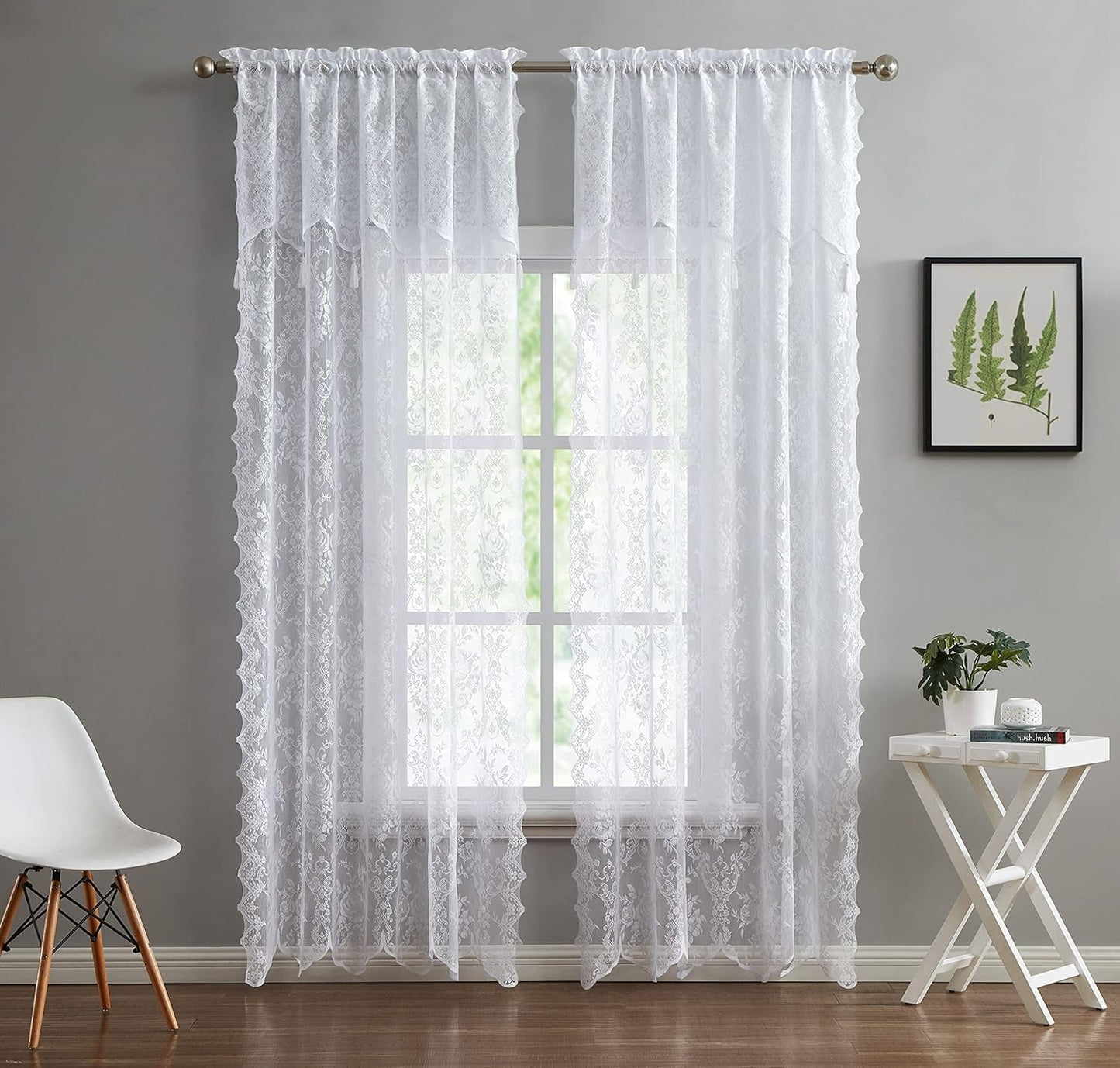 English Rose Design - Lace Semi Sheer Voile Curtain Panels - Voile Valance Rod Pocket with 4 Tassels - for Living Room Bedroom, Bathroom (1 Valance 54" W X 22" L Each, Linen)