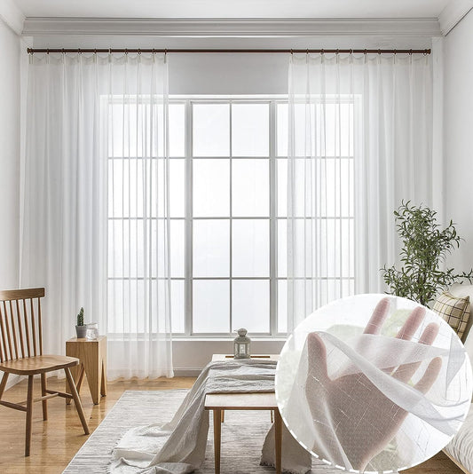 Ftinala off White Sheer Curtains 108 Inches Long 2 Panels Pinch Pleat Curtains & Drapes Faux Linen Textured Farmhouse See through Curtains for Living Room Dining Rustic Window Treatments Decor  Ftinala Textured White-Pleat Tape 54"W X 108"L 