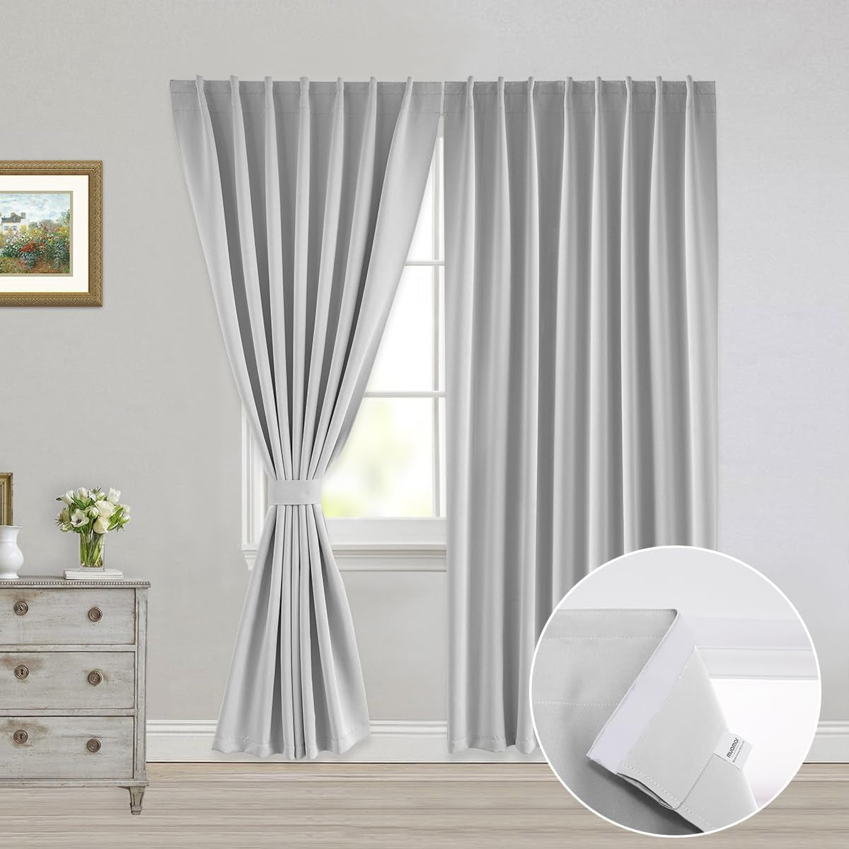 Muamar 2Pcs Blackout Curtains Privacy Curtains 63 Inch Length Window Curtains,Easy Install Thermal Insulated Window Shades,Stick Curtains No Rods, Black 42" W X 63" L  Muamar White 52"W X 84"L 