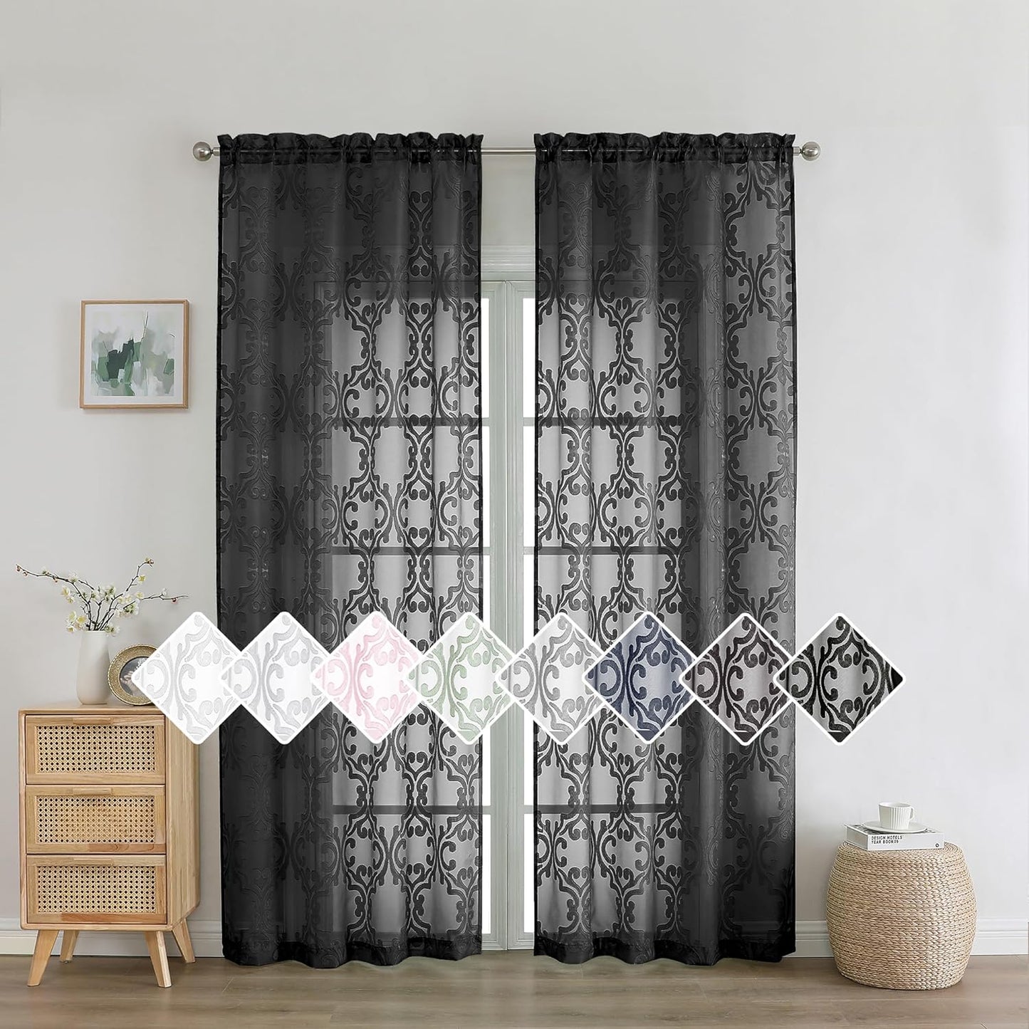 Aiyufeng Suri 2 Panels Sheer Sage Green Curtains 63 Inches Long, Light & Airy Privacy Textured Sheer Drapes, Dual Rod Pocket Voile Clipped Floral Luxury Panels for Bedroom Living Room, 42 X 63 Inch  Aiyufeng Black 2X42X84" 